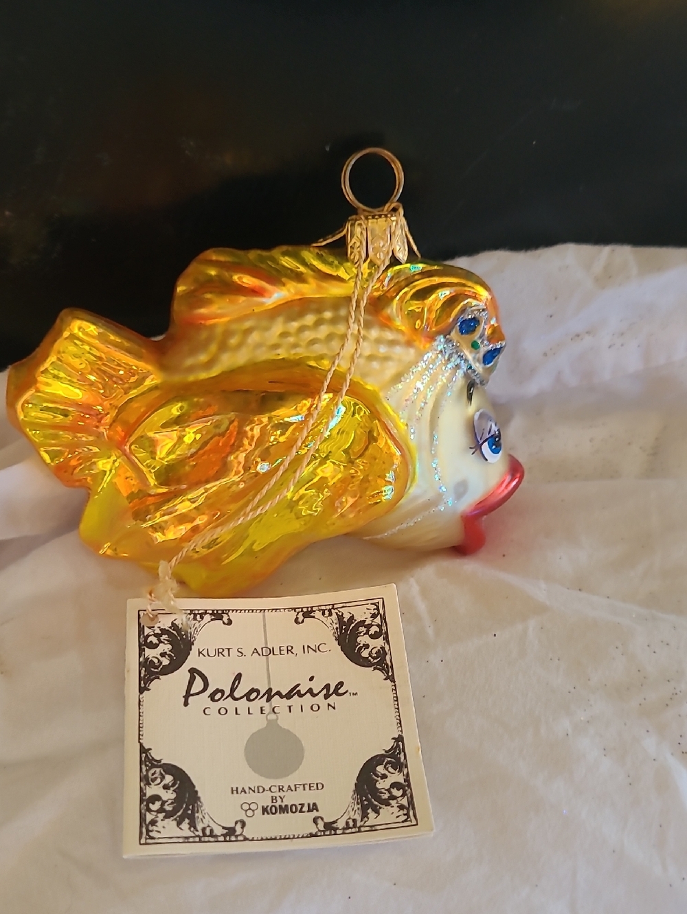Kurt Adler Yellow Glass Fish Ornament with Red Lips and Blue Accents